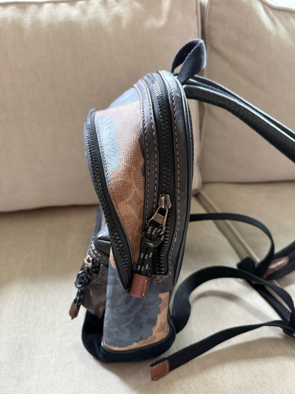 Coach Brown Floral Coated Canvas Mini Backpack with Black Accents - Picture 2 of 4